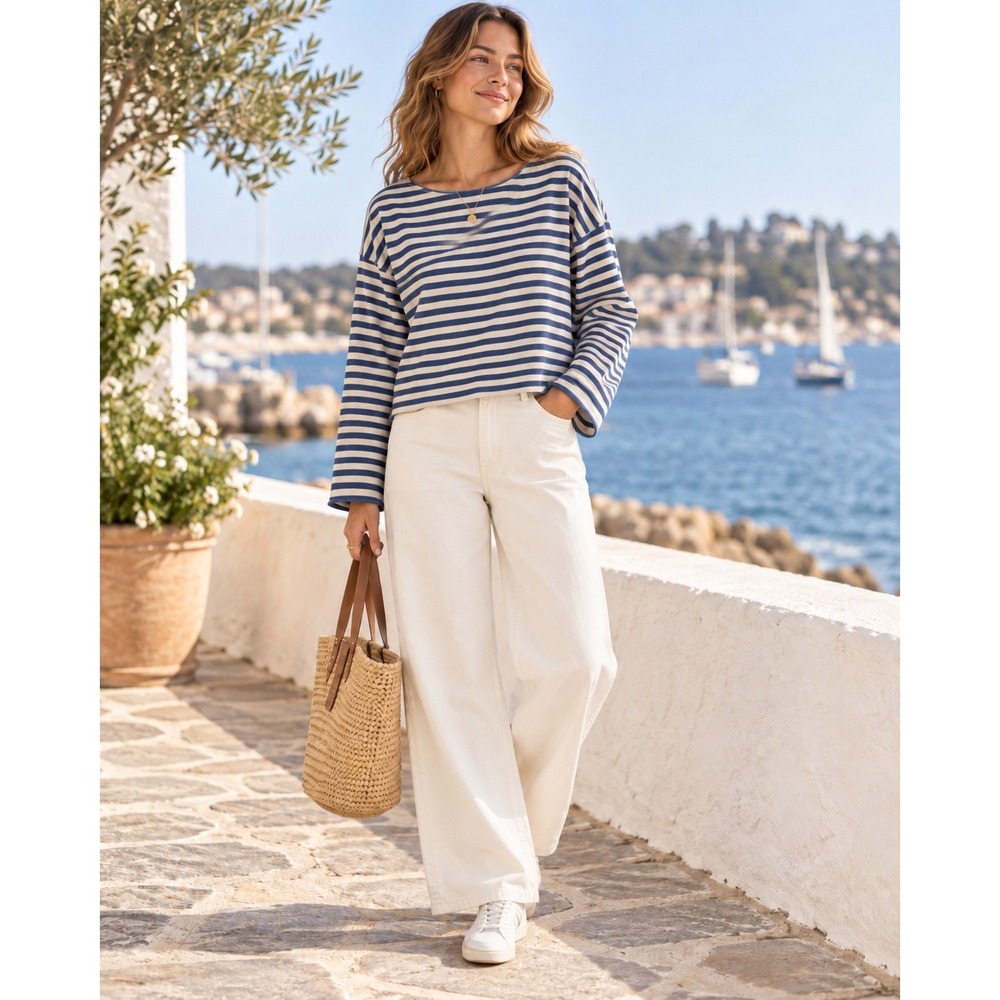 Aerie Women Blue Cream Striped Long Sleeve Boxy Boat Neck Top Size M